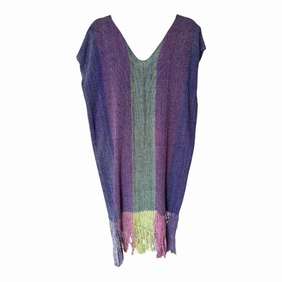 Handwoven Boho Striped Tunic Kaftan Fringe Hem Artisan Dress Purple Burgundy Grn - Picture 2 of 11